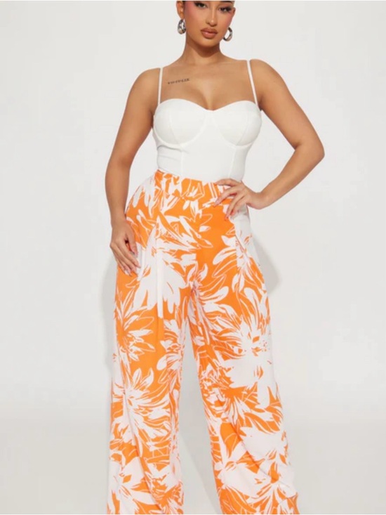 Rachel Zoe Pants - Wide-Leg 💯 Linen Floral Print Pants - cream & Orange, size Medium